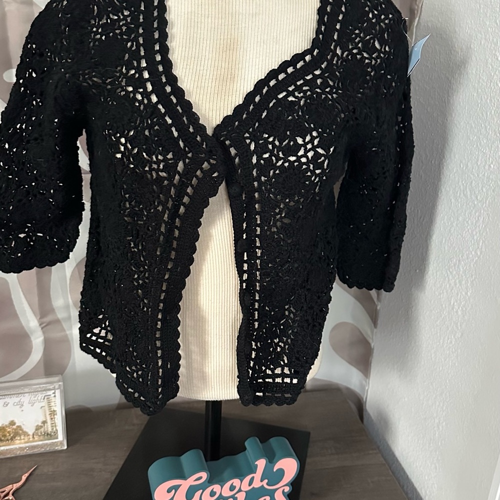 Bay Studio Black Cardigan Sweater with Lace Pattern